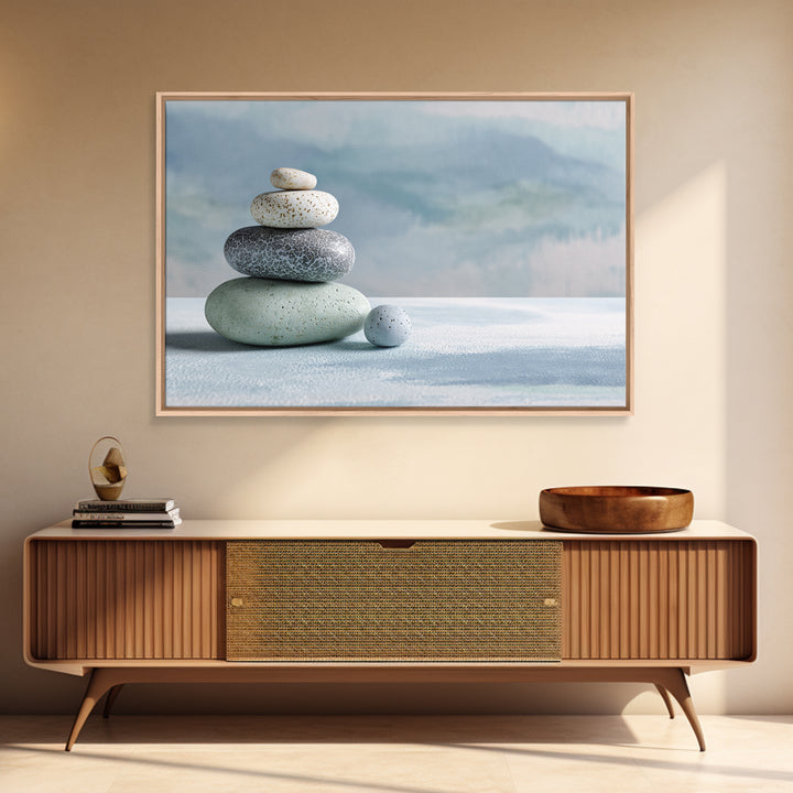 Monochrome Pebble Stack Framed Canvas Print, Bathroom Art, Bathroom Decor, Watercolor Art, Spa, Funny Bathroom Art, BAT-3x2-41