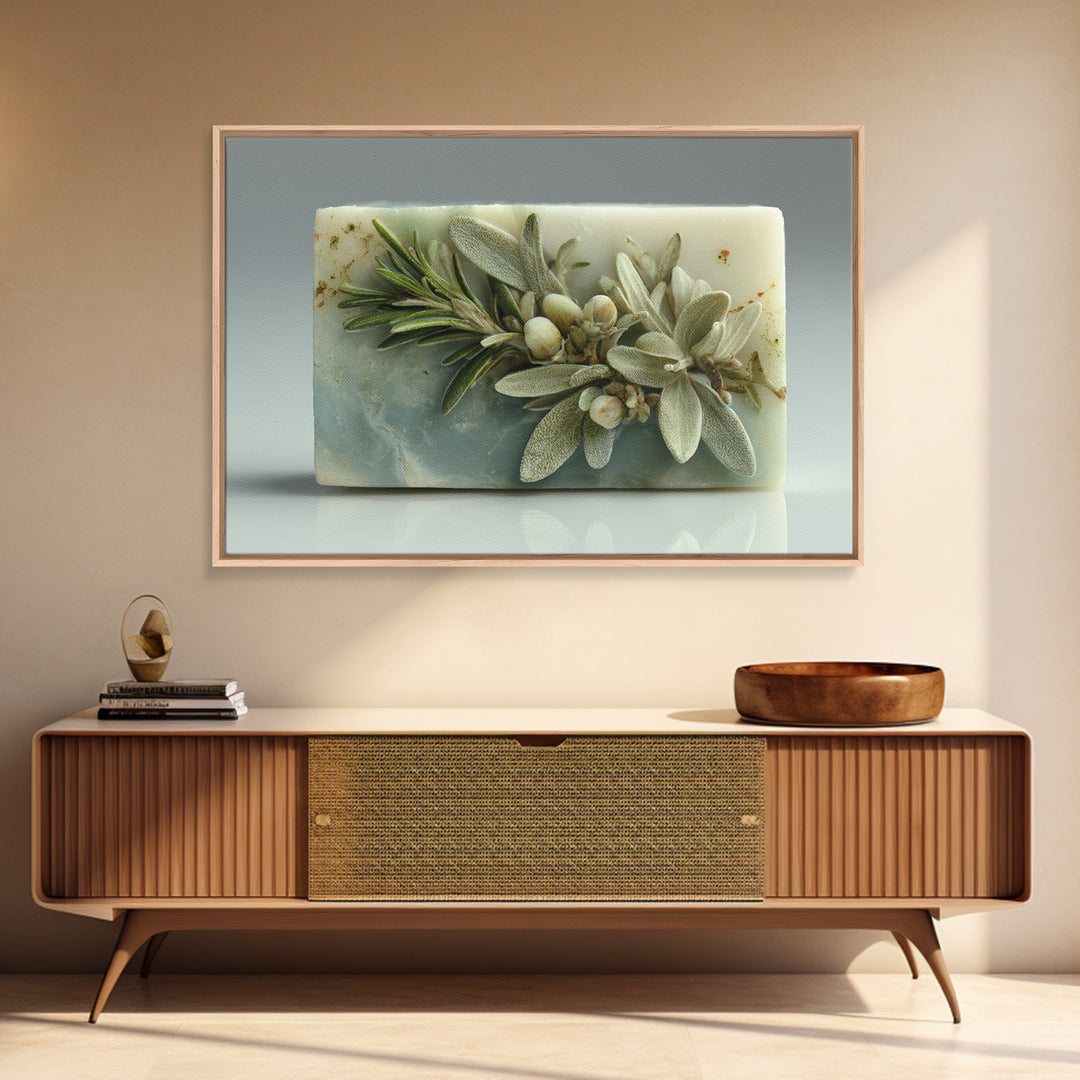 Botanical Bath Herb Arrangement Framed Canvas Print, Bathroom Art, Dopamine Decor, Bathroom Decor, Fine Art, Spa, Halloween Art, BAT-3x2-45
