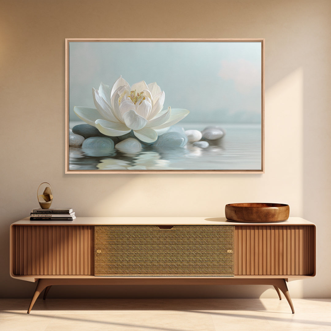 Lotus Flower Floating on Calm Water Canvas Print, Bathroom Art, Framed Wall Art, Bathroom Decor, Spa, Bathroom Art Decor, BAT-3x2-48