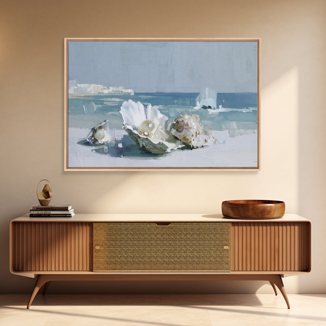 Oyster Shell Study Framed Canvas Print, Bathroom Art, Bathroom Decor, Oil Painting, Spa, Bathroom Accessories, Modern Art, BAT-3x2-50