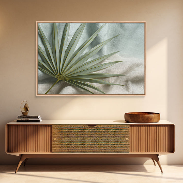 Simple Palm Frond on Off White Linen Canvas Print, Bathroom Art, Canvas Wall Art, Bathroom Decor, Spa, Bathroom Wallpaper, BAT-3x2-51