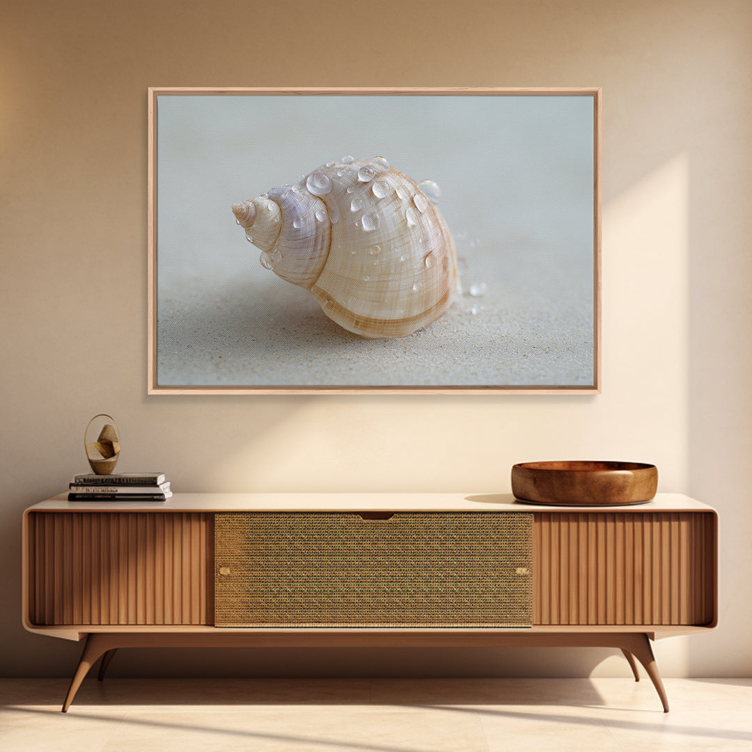 Minimal Seashell Still Life on Pale Sand Framed Canvas Print, Bathroom Art, Boho Decor, Bathroom Decor, Oil Painting, Spa, BAT-3x2-55