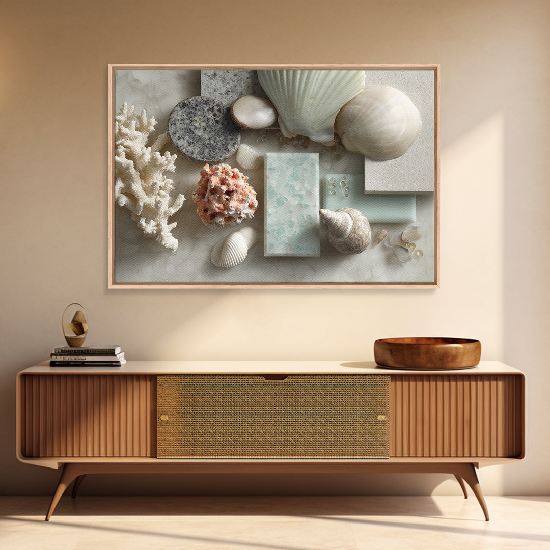 Coral and Shell Arrangement Framed Canvas Print, Bathroom Art, Contemporary Art, Bathroom Decor, Fine Art, Spa, Framed Wall Art, BAT-3x2-63