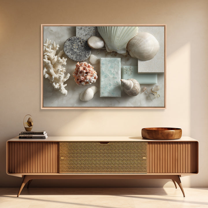 Coral and Shell Arrangement Framed Canvas Print, Bathroom Art, Contemporary Art, Bathroom Decor, Fine Art, Spa, Framed Wall Art, BAT-3x2-63