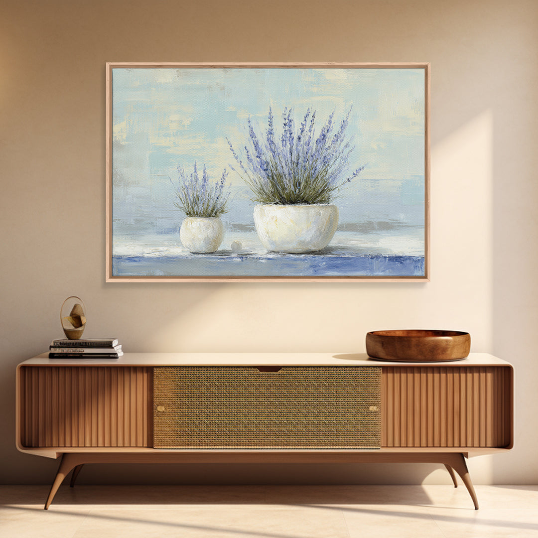 Lavender Sprigs in a Ceramic Vase Framed Canvas Print, Bathroom Art, Retro Wall Art, Bathroom Decor, Abstract Art, Spa, BAT-3x2-64