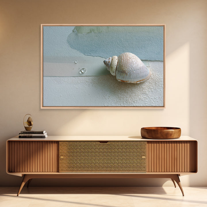 Minimal Seashell Still Life on Pale Sand Framed Canvas Print, Bathroom Art, Statement Artwork, Bathroom Decor, Abstract Art, BAT-3x2-7