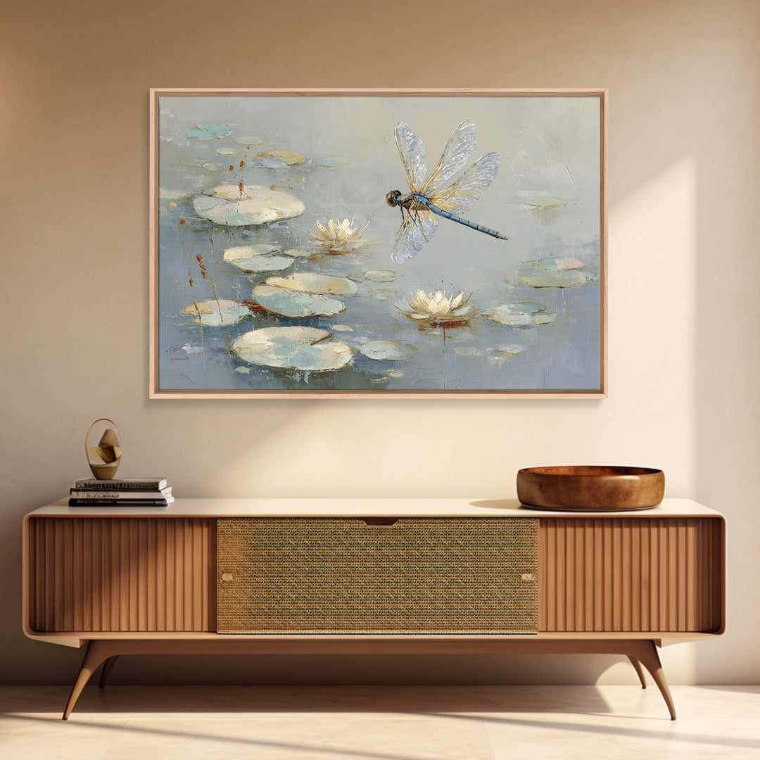 Delicate Dragonfly Above a Pond Surface Canvas Print, Bathroom Art, Unique Wall Art, Bathroom Decor, Spa, Gallery Decor, BAT-3x2-76