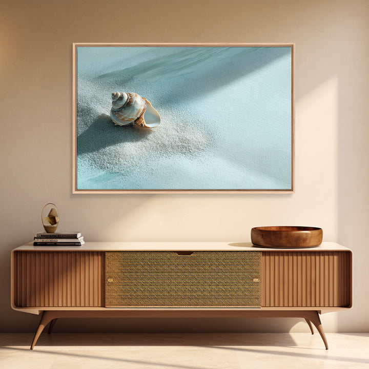 Minimal Seashell Still Life on Pale Sand Framed Canvas Print, Bathroom Art, Digital Print, Bathroom Decor, Watercolor Art, Spa, BAT-3x2-79