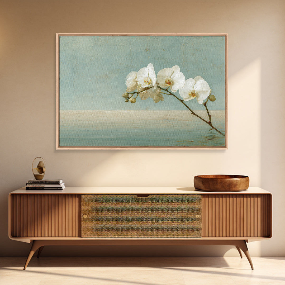 White Orchid on Warm Stone Background Framed Canvas Print, Bathroom Art, Poster, Bathroom Decor, Oil Painting, Spa, BAT-3x2-8