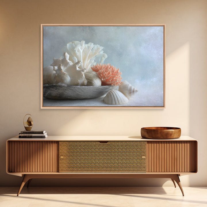 Coral and Shell Arrangement Framed Canvas Print, Bathroom Art, Bathroom Accessories, Bathroom Decor, Spa, Fine Art Print, BAT-3x2-87
