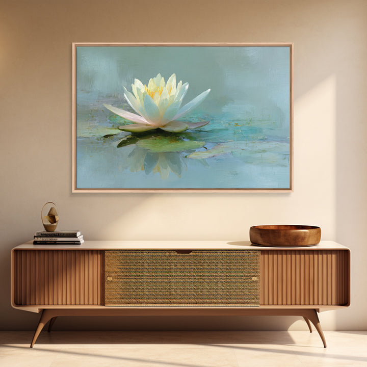 Lotus Flower Floating on Calm Water Framed Canvas Print, Bathroom Art, Trendy Wall Art, Bathroom Decor, Watercolor Art, Spa, BAT-3x2-96