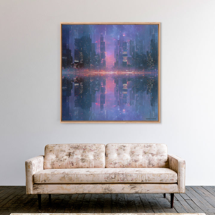 Monochrome City Skyline Reflected Framed Canvas Print, Black and White Art, Living Room Decor, Abstract Art, Monochrome, BAW-1x1-11