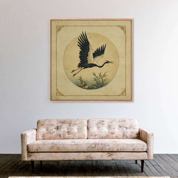 Black Ink Crane Flying Across Empty Sky Canvas Print, Black and White Art, Photo Prints, Living Room Decor, Watercolor Art, BAW-1x1-13