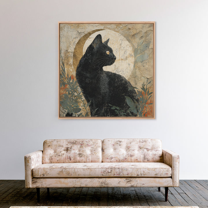 Black Cat Silhouette Framed Canvas Print, Black and White Art, Abstract Art, Living Room Decor, Watercolor Art, Monochrome, BAW-1x1-16