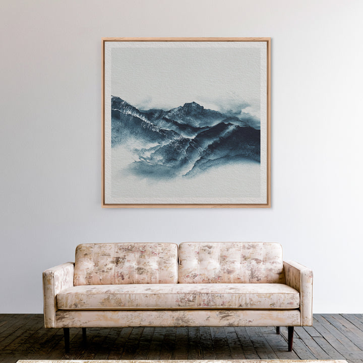 Black Ink Mountain Range Framed Canvas Print, Black and White Art, Canvas Print, Living Room Decor, Oil Painting, Monochrome, BAW-1x1-2