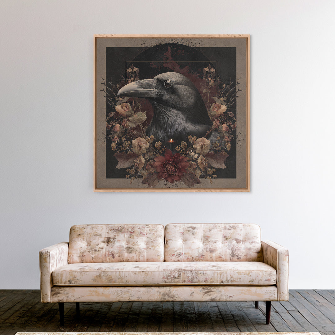 Ink Splatter Raven Composition Canvas Print, Black and White Art, Halloween Decor, Living Room Decor, Fine Art, Monochrome, BAW-1x1-20