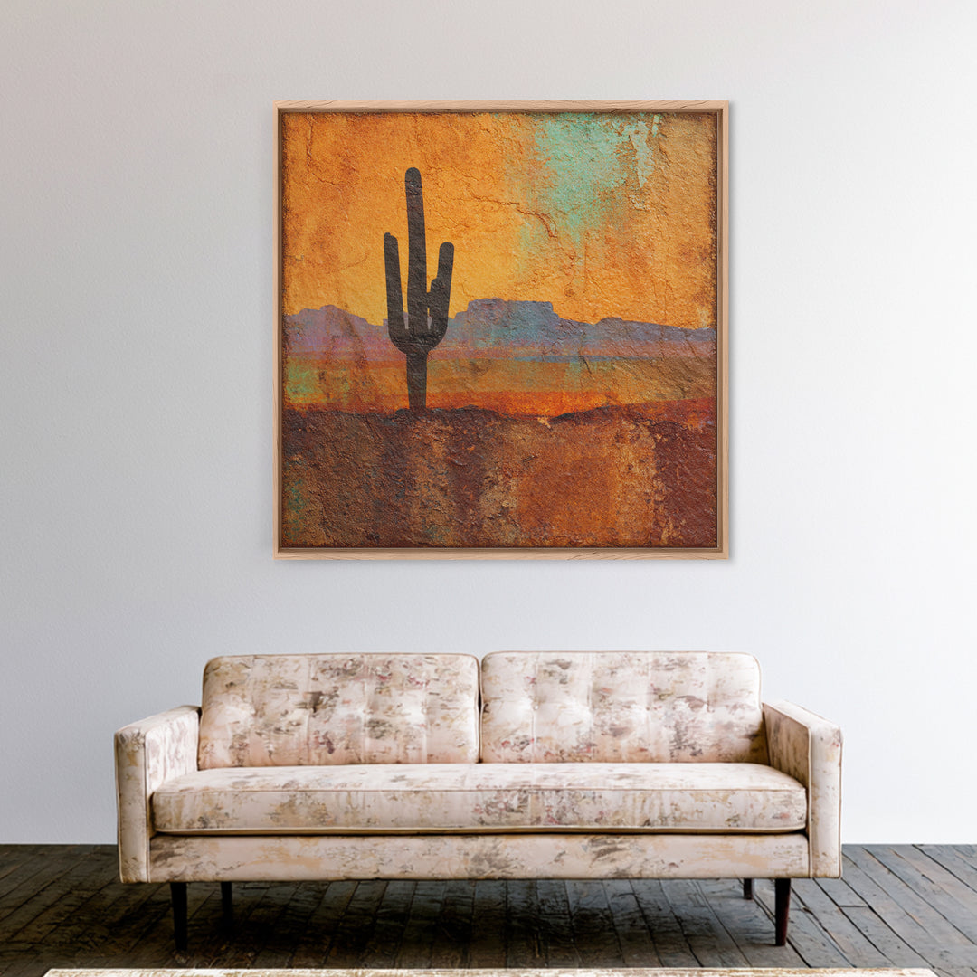 Monochrome Desert Cactus Silhouette Framed Canvas Print, Black and White Art, Neutral Decor, Living Room Decor, Oil Painting, BAW-1x1-21