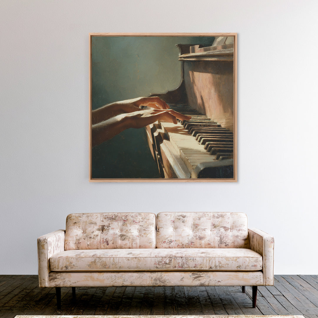 Piano Keys and Hands Canvas Print, Black and White Art, Modern Wall Art, Living Room Decor, Oil Painting, Monochrome, BAW-1x1-22