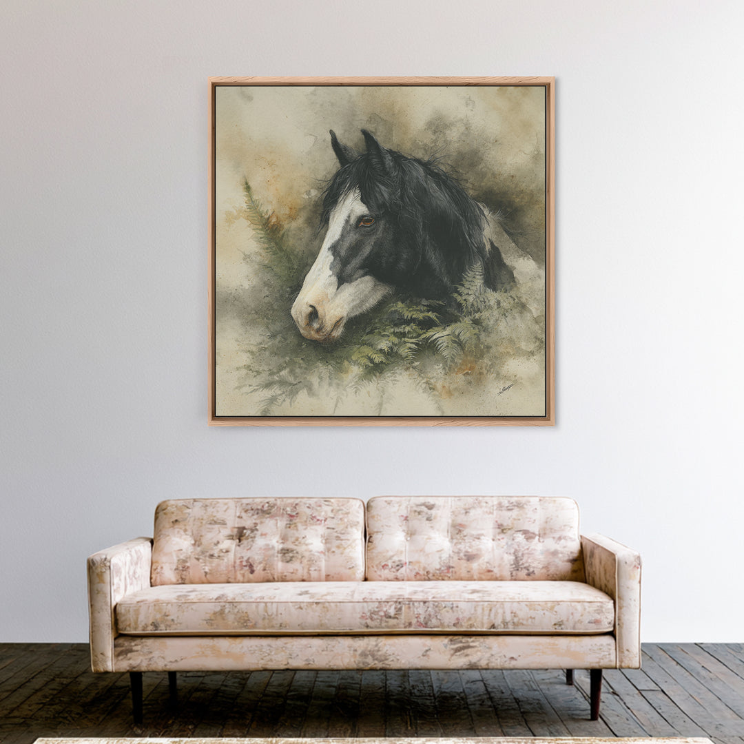 Black and White Wild Horse Portrait Framed Canvas Print, Black and White Art, Textured Painting, Living Room Decor, Monochrome, BAW-1x1-29