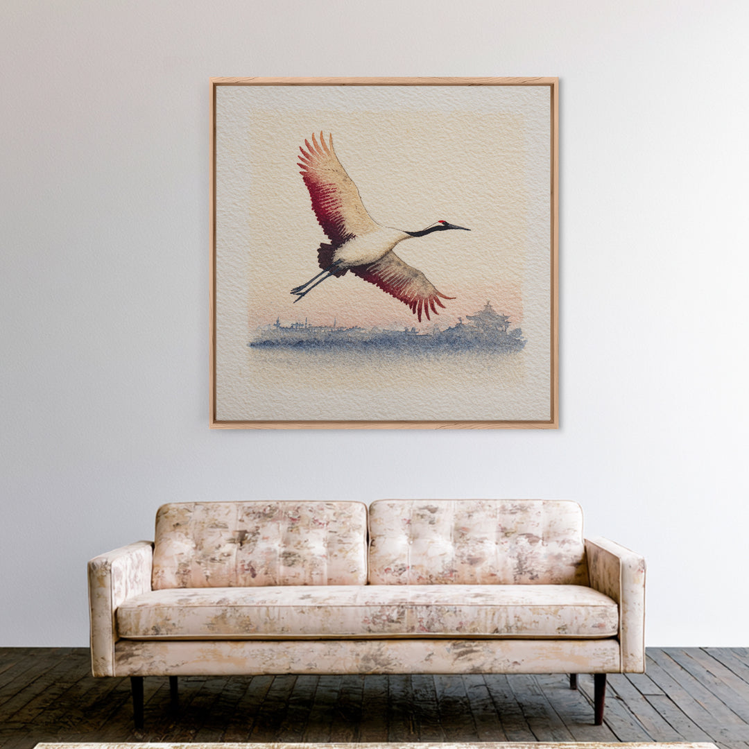 Black Ink Crane Flying Across Empty Sky Canvas Print, Black and White Art, Boho Decor, Living Room Decor, Monochrome, BAW-1x1-37