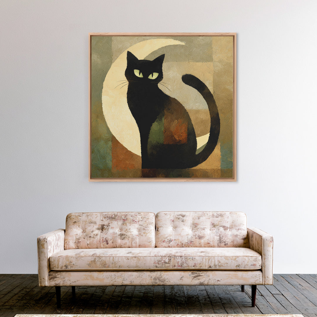 Black Cat Silhouette Framed Canvas Print, Black and White Art, Room Decor, Living Room Decor, Fine Art, Monochrome, Art Print, BAW-1x1-40