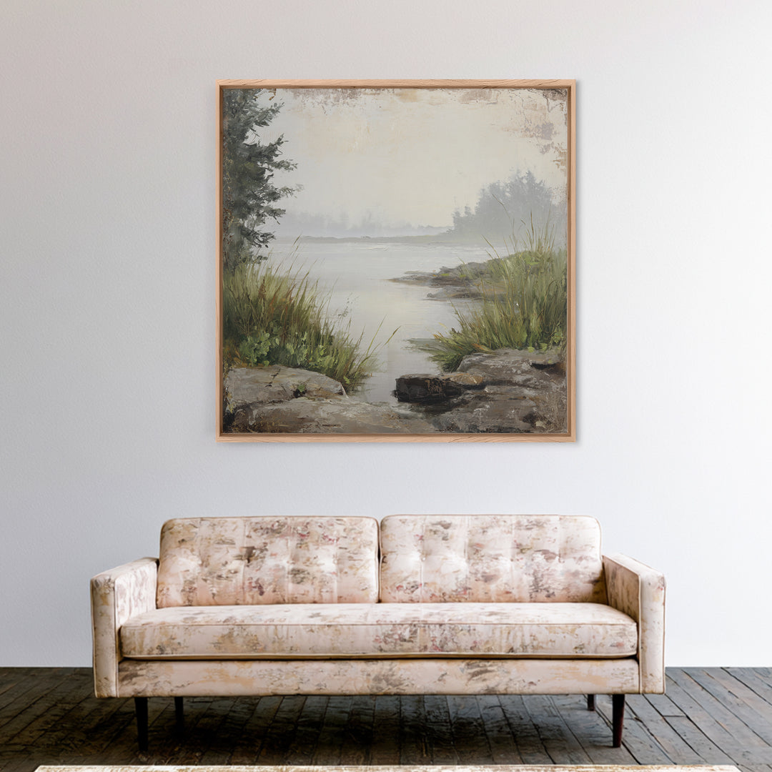 Misty Bridge Landscape Framed Canvas Print, Black and White Art, Modern Wall Art, Living Room Decor, Fine Art, Monochrome, BAW-1x1-43