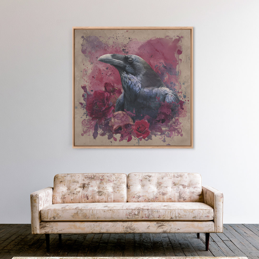 Ink Splatter Raven Composition Framed Canvas Print, Black and White Art, Printable Wall Art, Living Room Decor, Monochrome, BAW-1x1-44