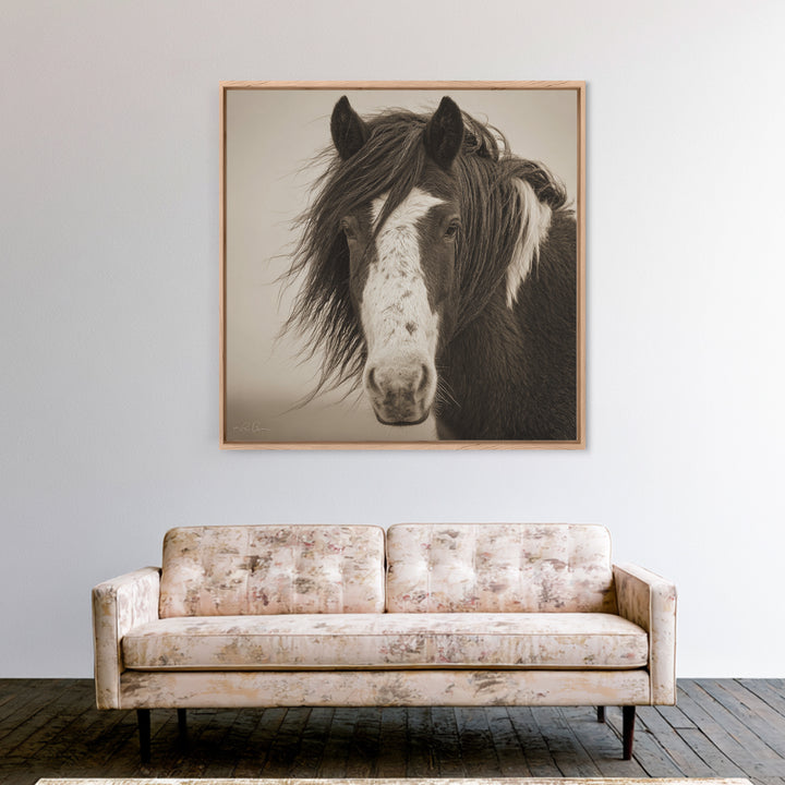 Black and White Wild Horse Portrait Framed Canvas Print, Black and White Art, Textured Painting, Living Room Decor, Monochrome, BAW-1x1-53