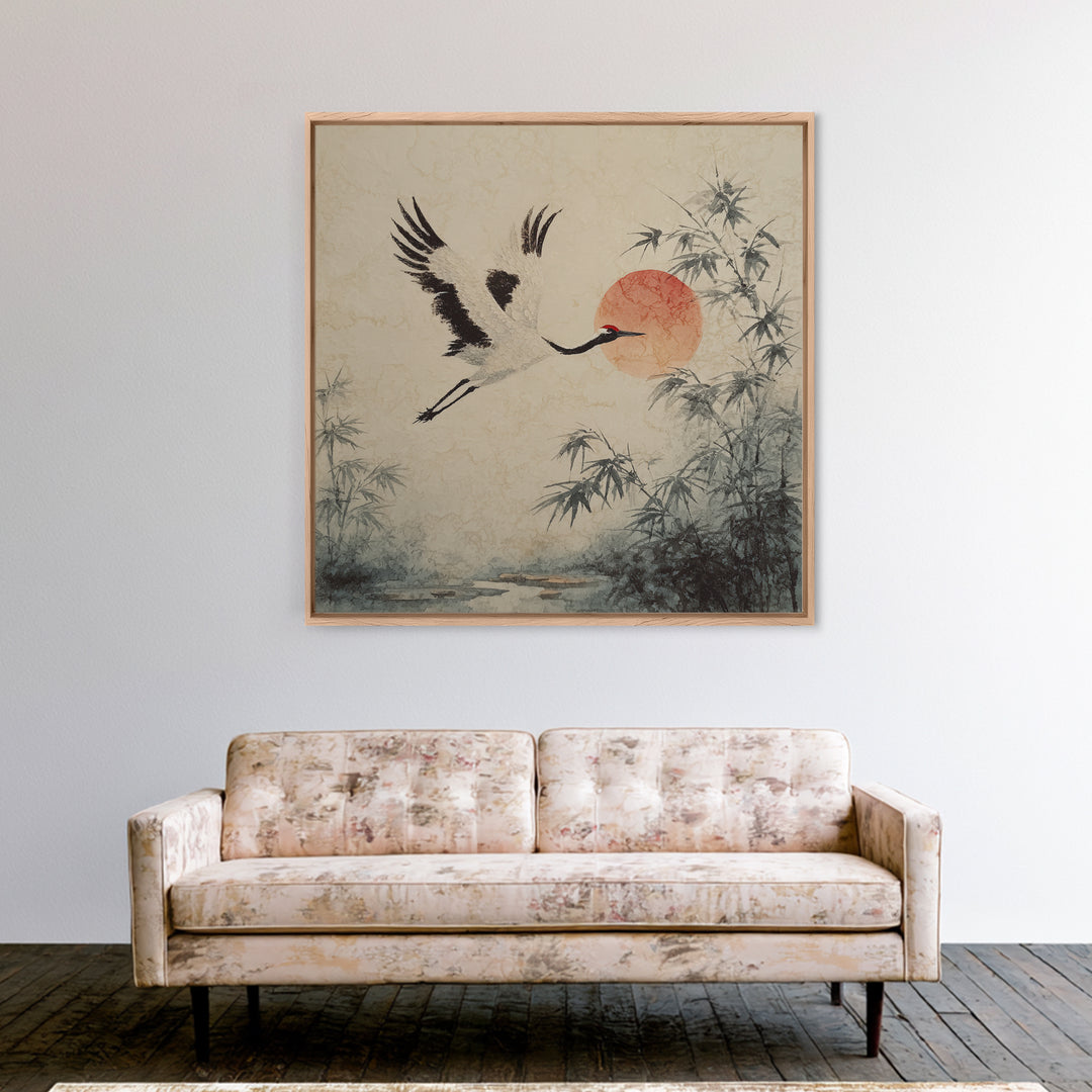 Black Ink Crane Flying Across Empty Sky Canvas Print, Black and White Art, Boho Decor, Living Room Decor, Monochrome, BAW-1x1-61