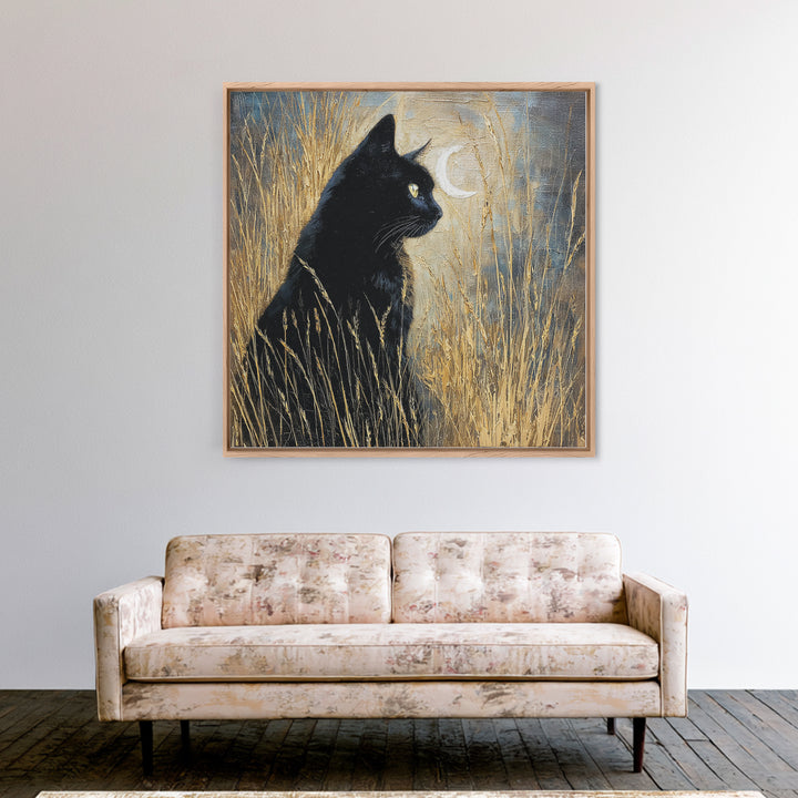 Black Cat Silhouette Framed Canvas Print, Black and White Art, Printable Art, Living Room Decor, Fine Art, Monochrome, BAW-1x1-64