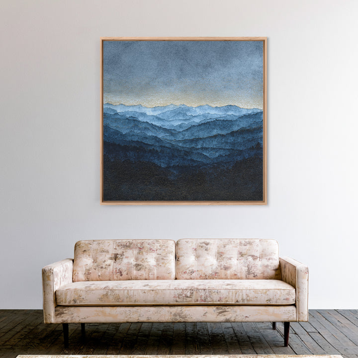 Black Ink Mountain Range Framed Canvas Print, Black and White Art, Fine Art Print, Living Room Decor, Fine Art, Monochrome, BAW-1x1-74