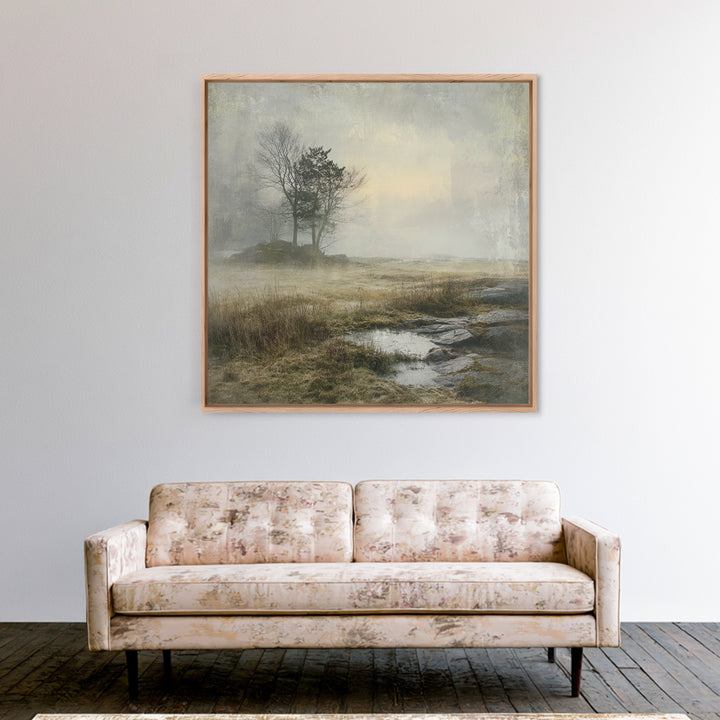 Moody Foggy Forest Framed Canvas Print, Black and White Art, Boho Decor, Living Room Decor, Monochrome, Halloween Decor, BAW-1x1-79