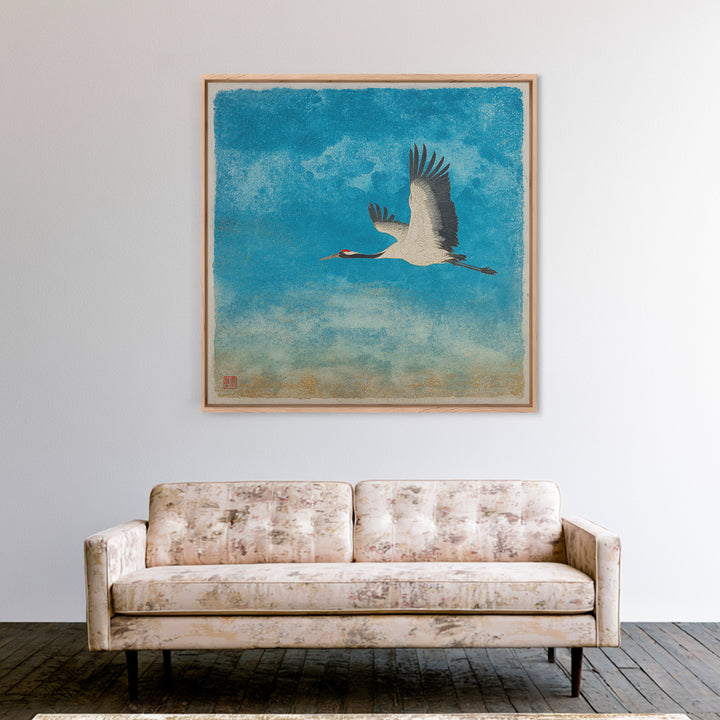 Black Ink Crane Flying Across Empty Sky Canvas Print, Black and White Art, Minimalist Decor, Living Room Decor, Monochrome, BAW-1x1-85