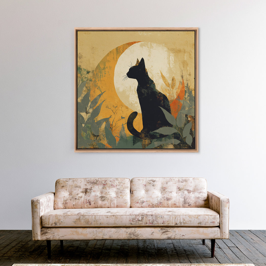 Black Cat Silhouette Framed Canvas Print, Black and White Art, Minimalist Decor, Living Room Decor, Fine Art, Monochrome, BAW-1x1-88