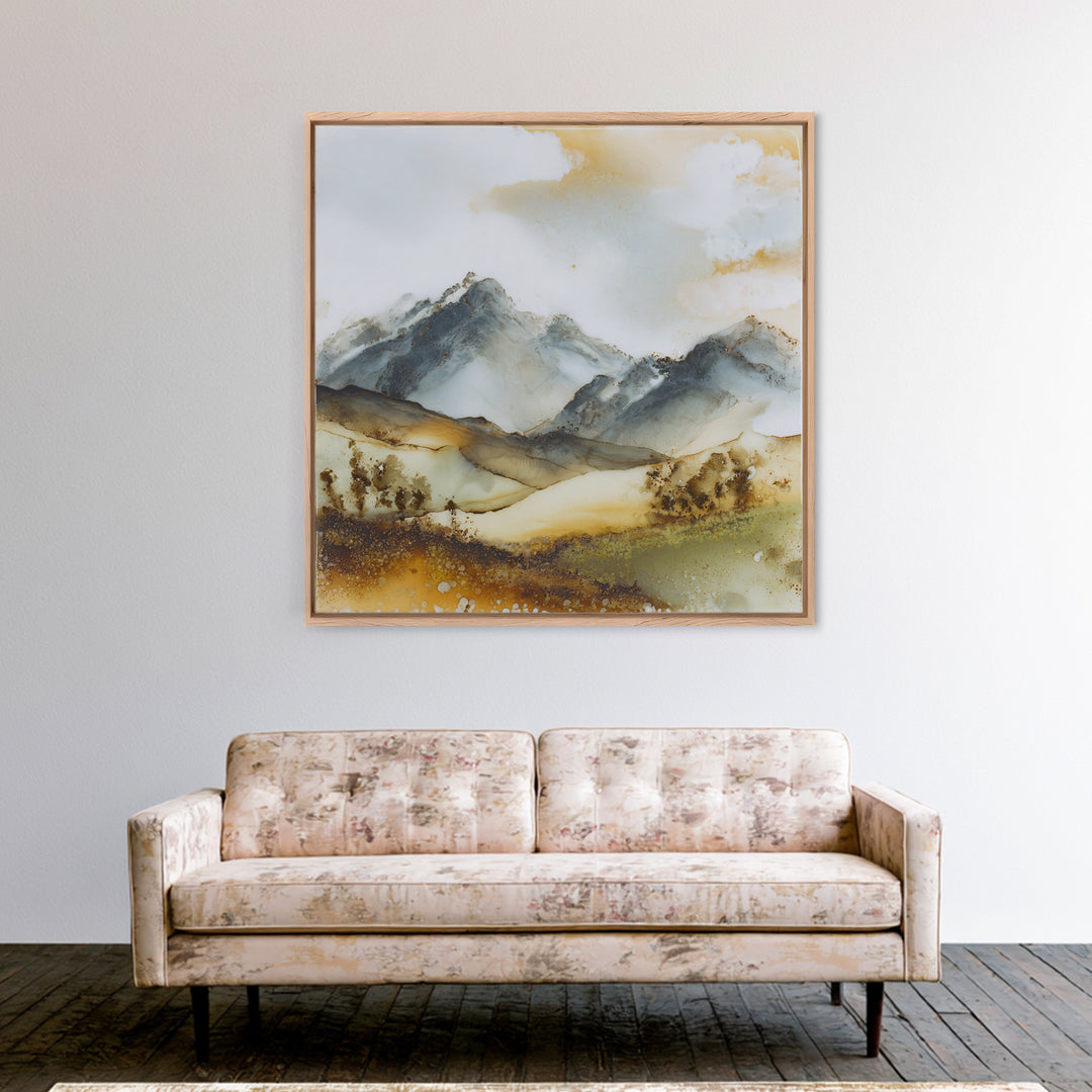 Black Ink Mountain Range Canvas Print, Black and White Art, Textured Painting, Living Room Decor, Watercolor Art, Monochrome, BAW-1x1-98