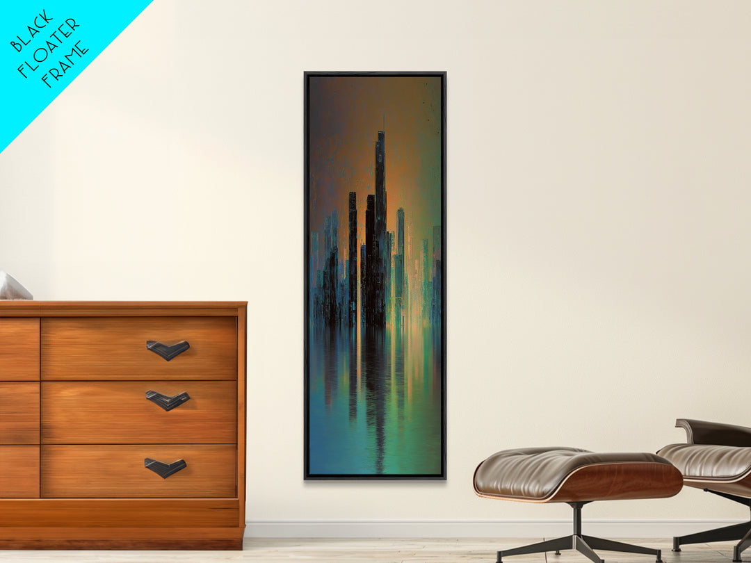 Monochrome City Skyline Reflected Canvas Print, Black and White Art, Living Room Decor, Abstract Art, Monochrome, BAW-1x3-23