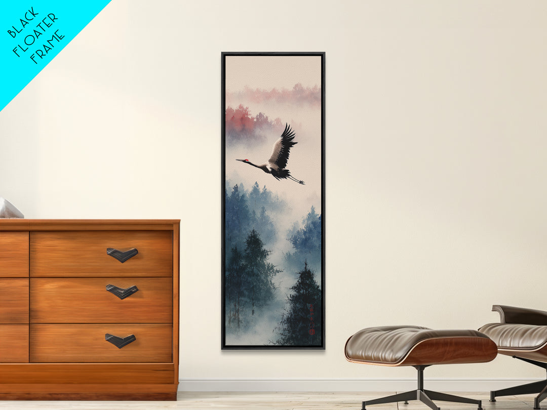 Black Ink Crane Flying Across Empty Sky Canvas Print, Black and White Art, Printable, Living Room Decor, Fine Art, Monochrome, BAW-1x3-25
