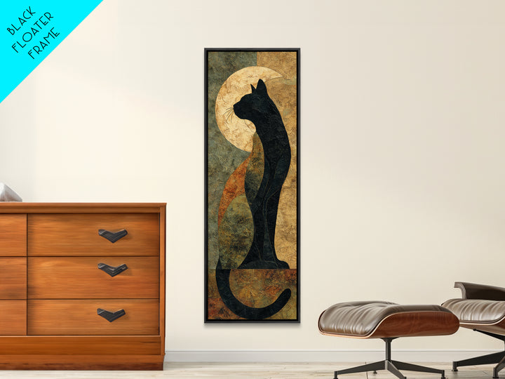 Black Cat Silhouette Canvas Print, Black and White Art, Digital Prints, Living Room Decor, Fine Art, Monochrome, Wood Wall Art, BAW-1x3-28