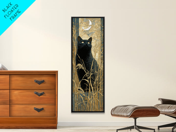 Black Cat Silhouette Framed Canvas Print, Black and White Art, Printable, Living Room Decor, Monochrome, Living Room Wall Art, BAW-1x3-52