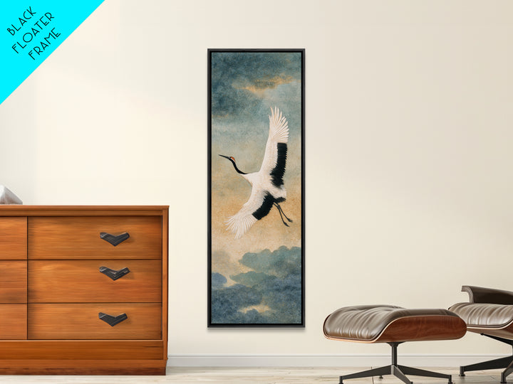 Black Ink Crane Flying Across Empty Sky Canvas Print, Black and White Art, Gothic Decor, Living Room Decor, Monochrome, BAW-1x3-73
