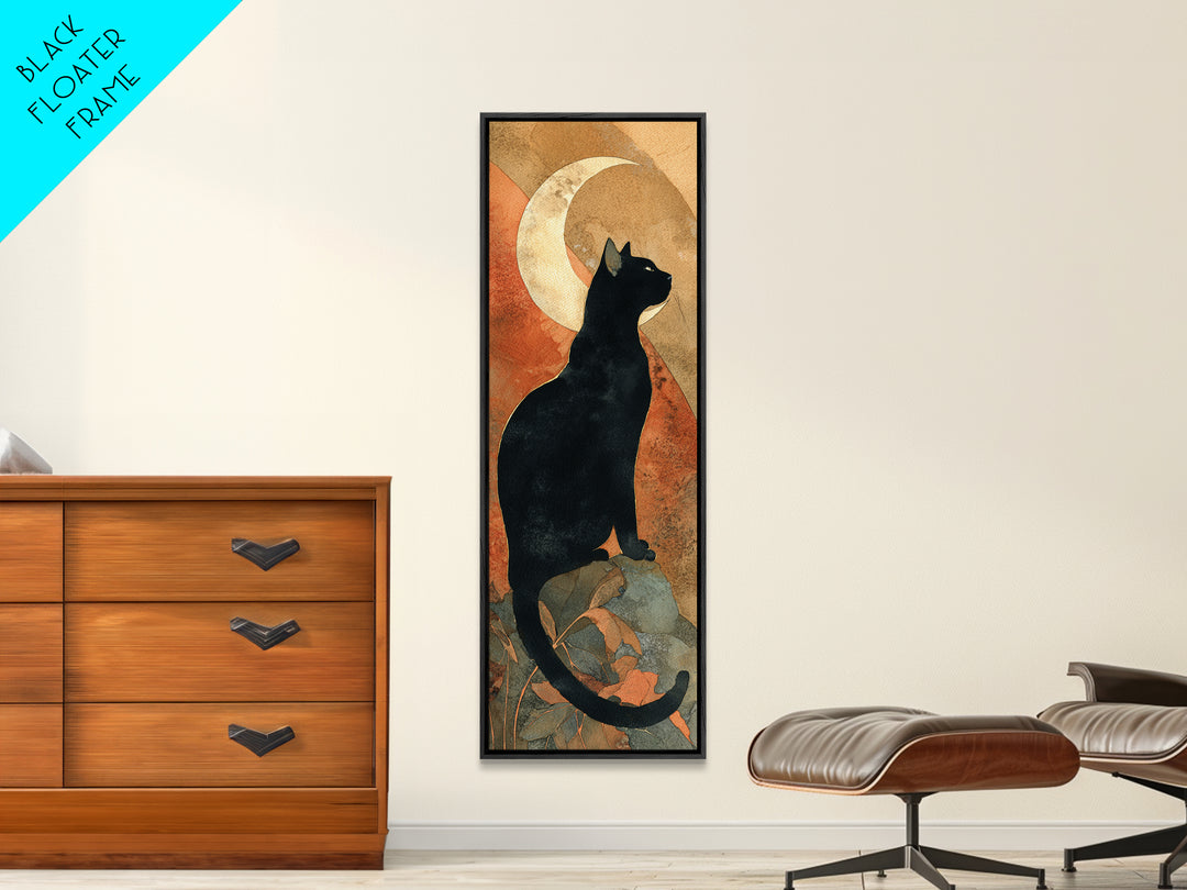 Black Cat Silhouette Framed Canvas Print, Black and White Art, Modern Wall Art, Living Room Decor, Oil Painting, Monochrome, BAW-1x3-76