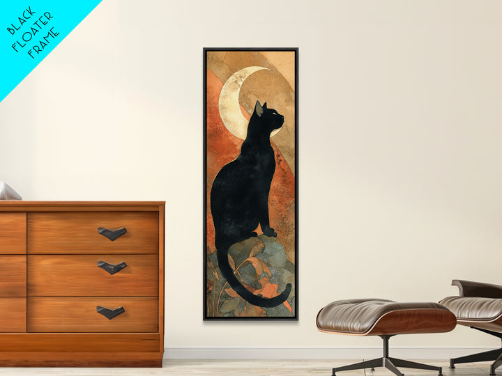 Black Cat Silhouette Framed Canvas Print, Black and White Art, Modern Wall Art, Living Room Decor, Oil Painting, Monochrome, BAW-1x3-76