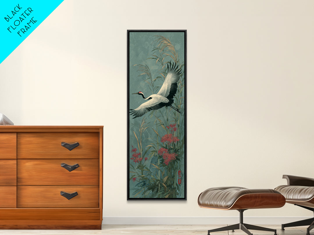 Black Ink Crane Flying Across Empty Sky Canvas Print, Black and White Art, Boho Decor, Living Room Decor, Oil Painting, BAW-1x3-97