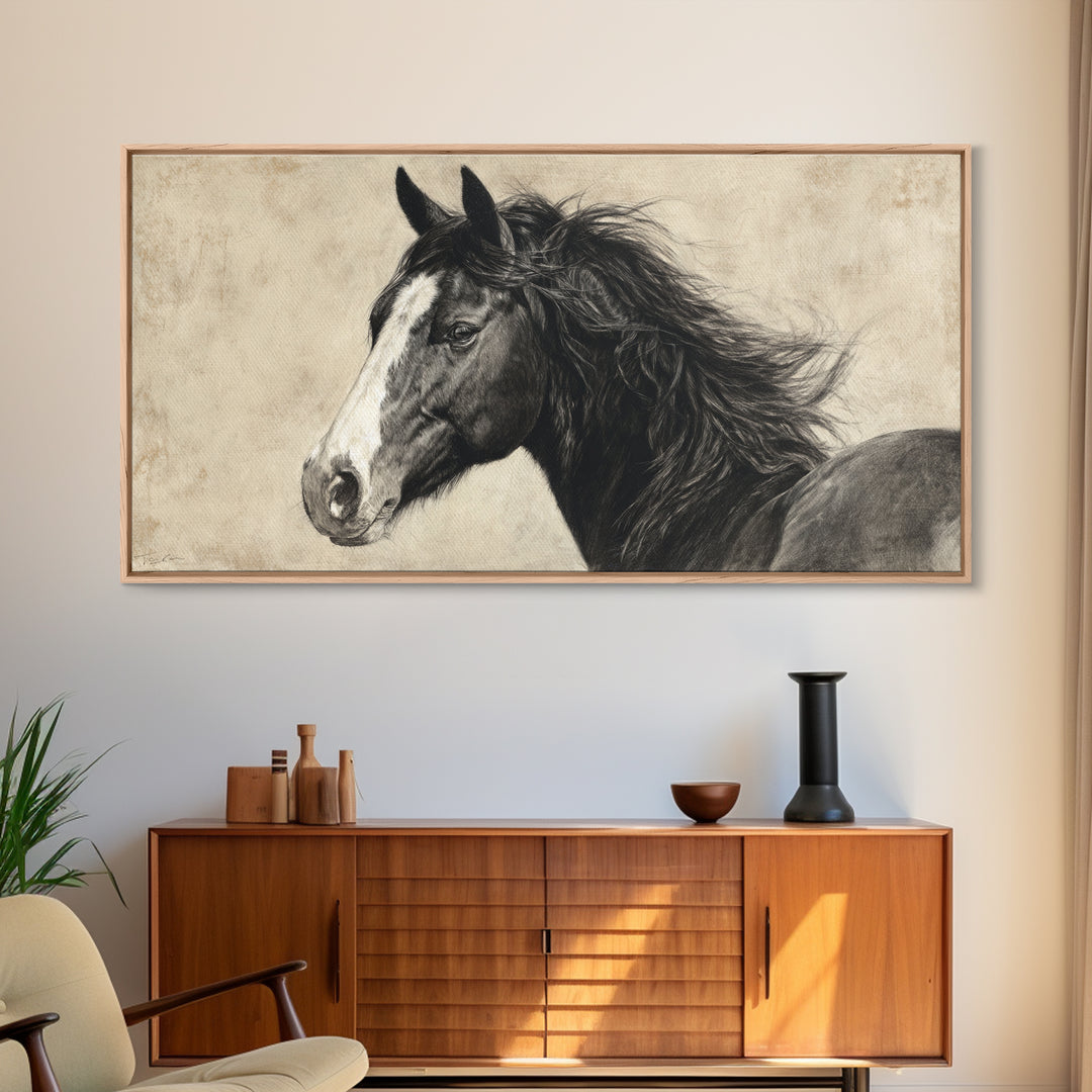 Black and White Wild Horse Portrait Framed Canvas Print, Black and White Art, Art Print, Living Room Decor, Monochrome, BAW-2x1-1
