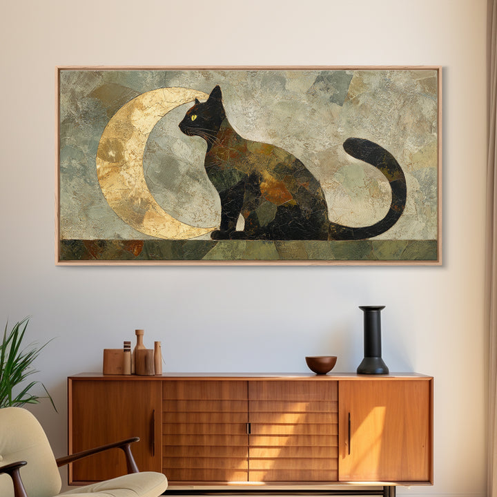 Black Cat Silhouette Framed Canvas Print, Black and White Art, Room Decor, Living Room Decor, Fine Art, Monochrome, Art Print, BAW-2x1-12