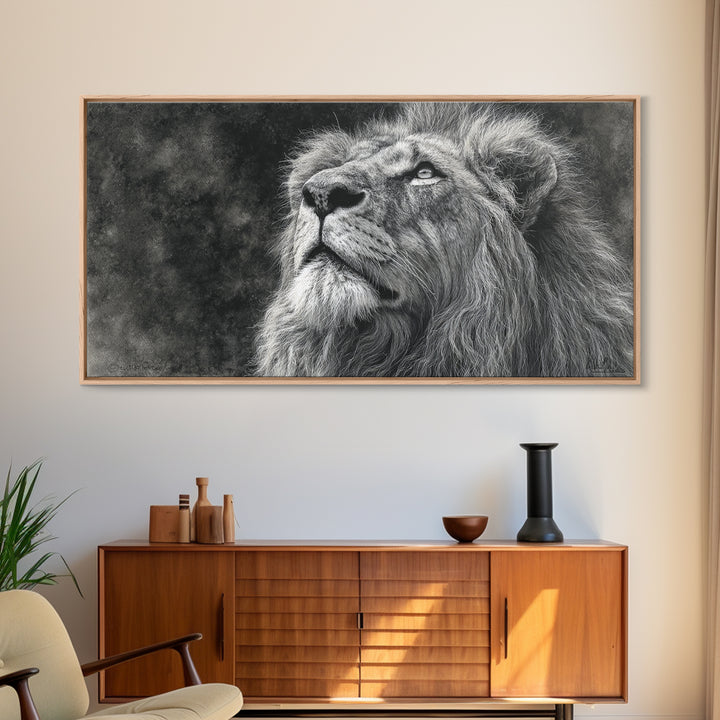 Dramatic Black and White Lion Portrait Canvas Print, Black and White Art, Halloween Decor, Living Room Decor, Monochrome, BAW-2x1-13