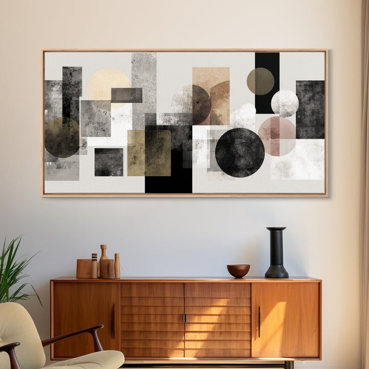 Geometric Bauhaus Grayscale Shapes Framed Canvas Print, Black and White Art, Luxury Decor, Living Room Decor, Abstract Art, BAW-2x1-14