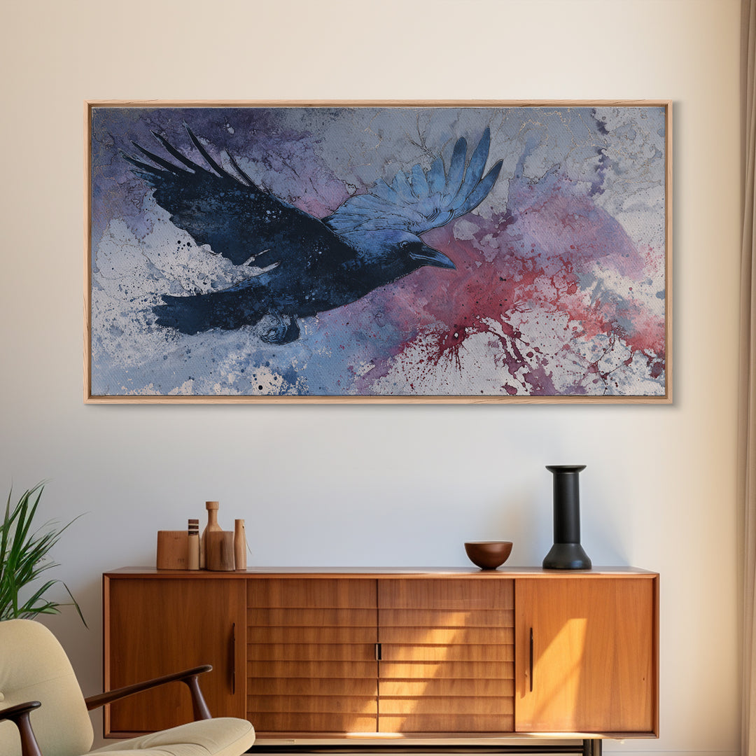 Ink Splatter Raven Composition Framed Canvas Print, Black and White Art, Fine Art Print, Living Room Decor, Monochrome, BAW-2x1-16