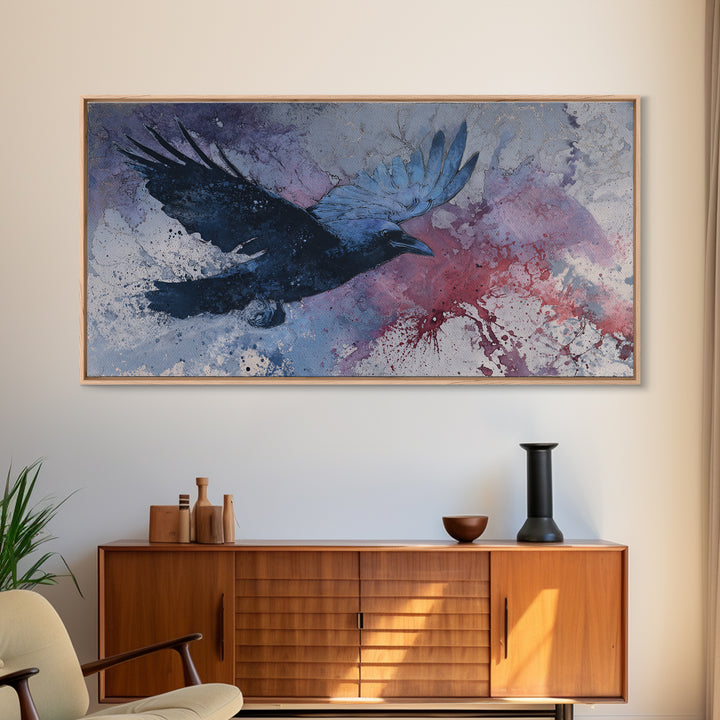 Ink Splatter Raven Composition Framed Canvas Print, Black and White Art, Fine Art Print, Living Room Decor, Monochrome, BAW-2x1-16