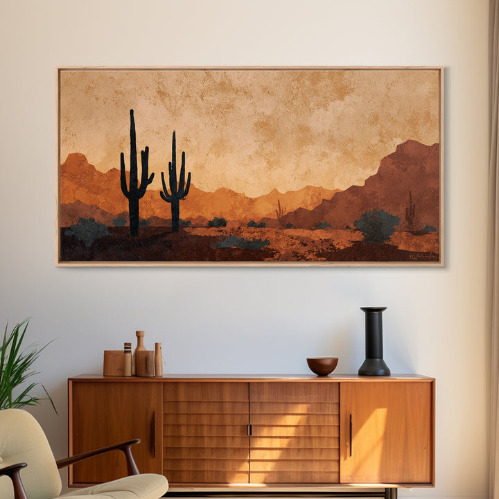 Monochrome Desert Cactus Silhouette Canvas Print, Black and White Art, Print, Living Room Decor, Watercolor Art, Monochrome, BAW-2x1-17